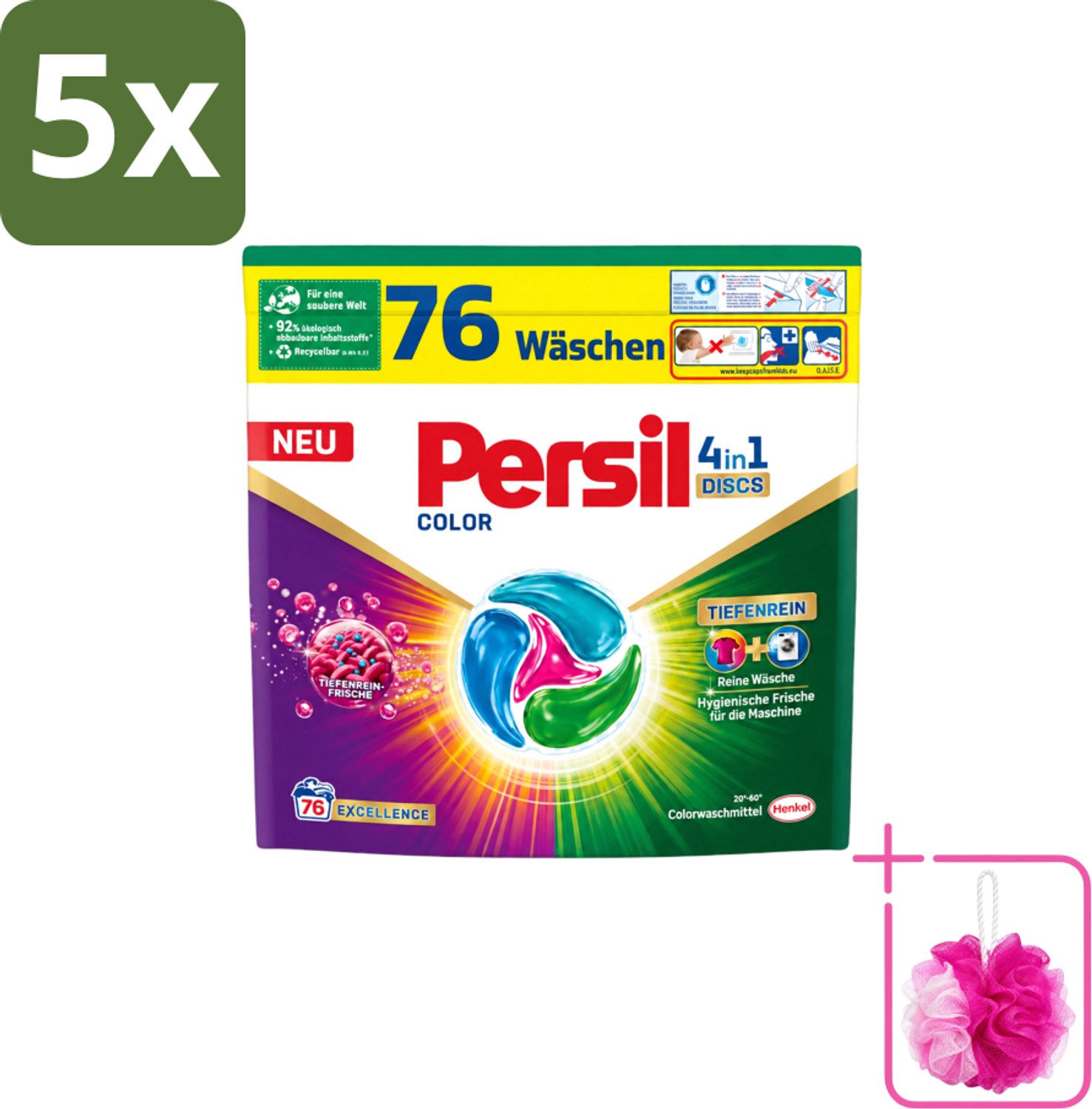 5 x Persil – Wasmiddel Discs 4-in-1 – Color - 76 Capsules - Bulkverpakking - Wasmiddel - Douchemop - Kleuren beschermen