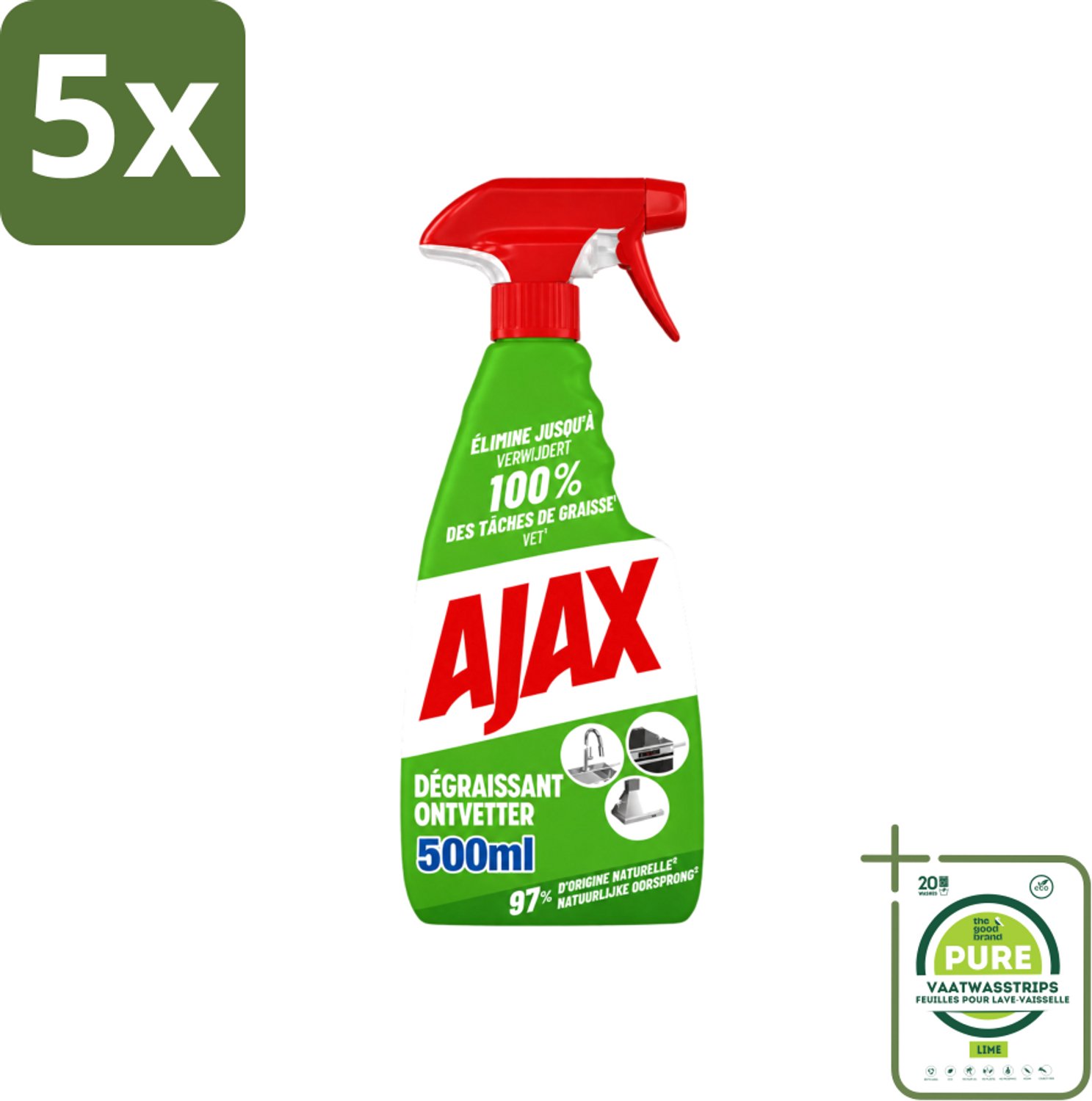 5 x Ajax – Ontvetter Spray – 500 ml - Grootverpakking - Vaatwasstrips - Ajax Ontvetter - Ontvetter Spray 500 Ml - Vet Verwijderen - Keukenreiniger - Krachtige Ontvetter