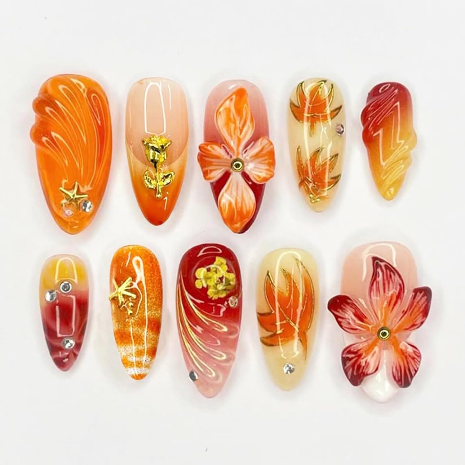 - on Nagels, 30 Handgemaakte Medium Amandel Valse Nagels met 3D Bloem Design, Glanzende Herbruikbare Zomer False Nagels voor Vrouwen Meisjes Manicure - Jelly Gel Draagkit