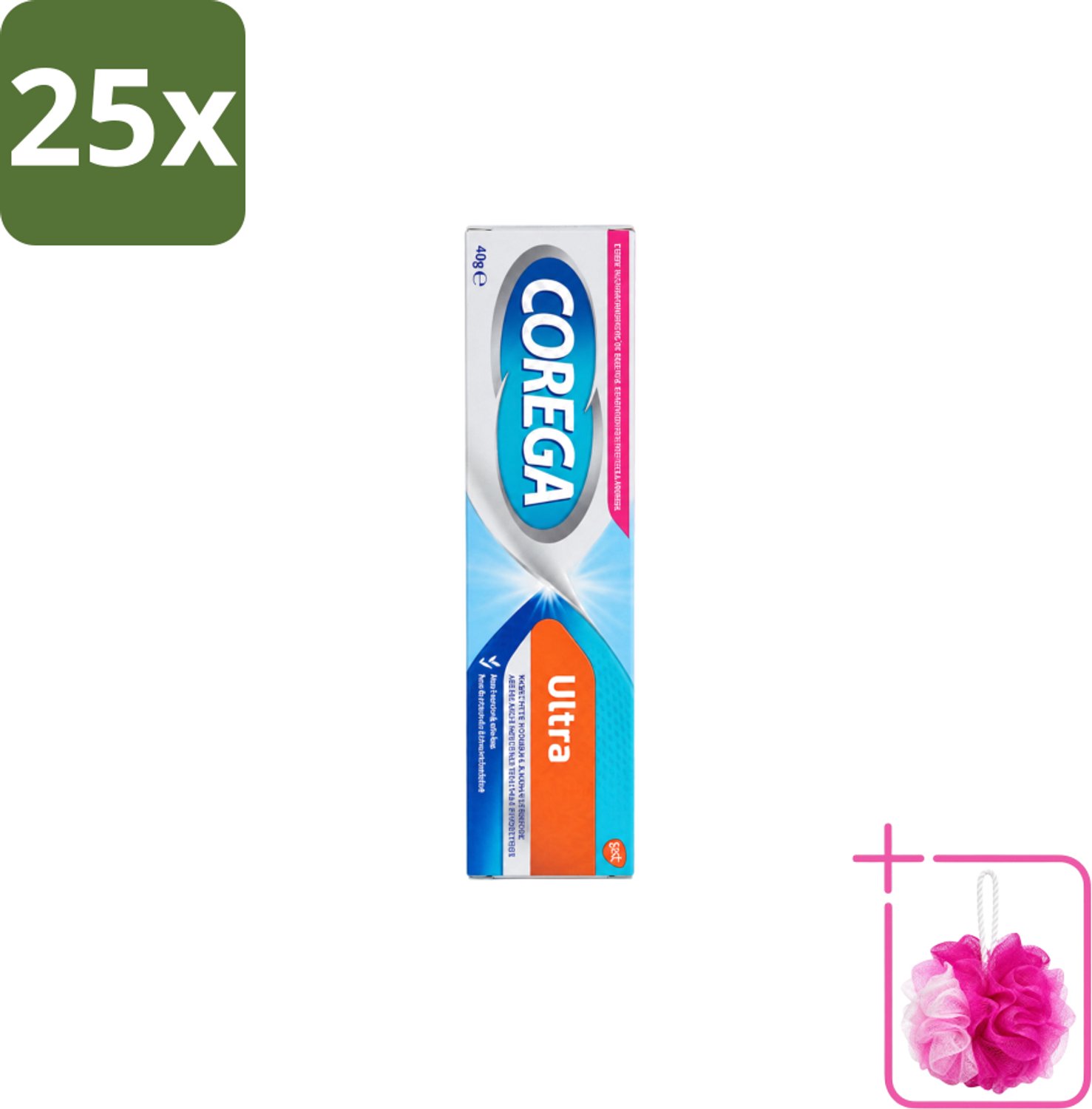 25 x Corega Ultra Kleefcrème - Krachtig Houvast & Bescherming - Met Verfrissende Mintsmaak - 40g - Bulkverpakking - Gebitprothese kleefcrème - Douchemop - Houvast gebitsprothese