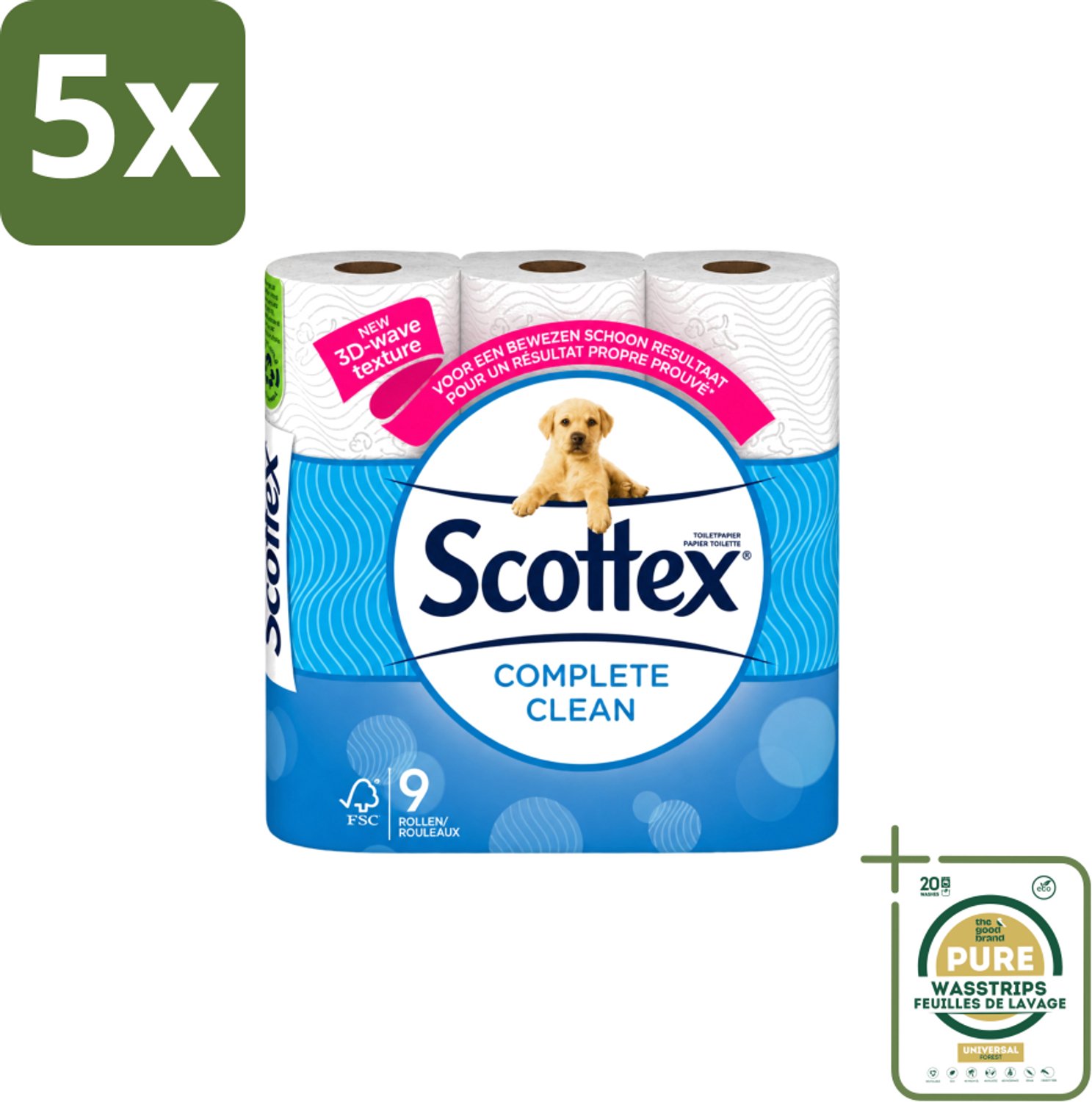 5 x Page Scottex – Toiletpapier – Complete Clean 2-laags – 9 rollen - Wasstrips - Toiletpapier - Schone Reiniging - 3D Wave™ - Extra Zacht - 2-laags