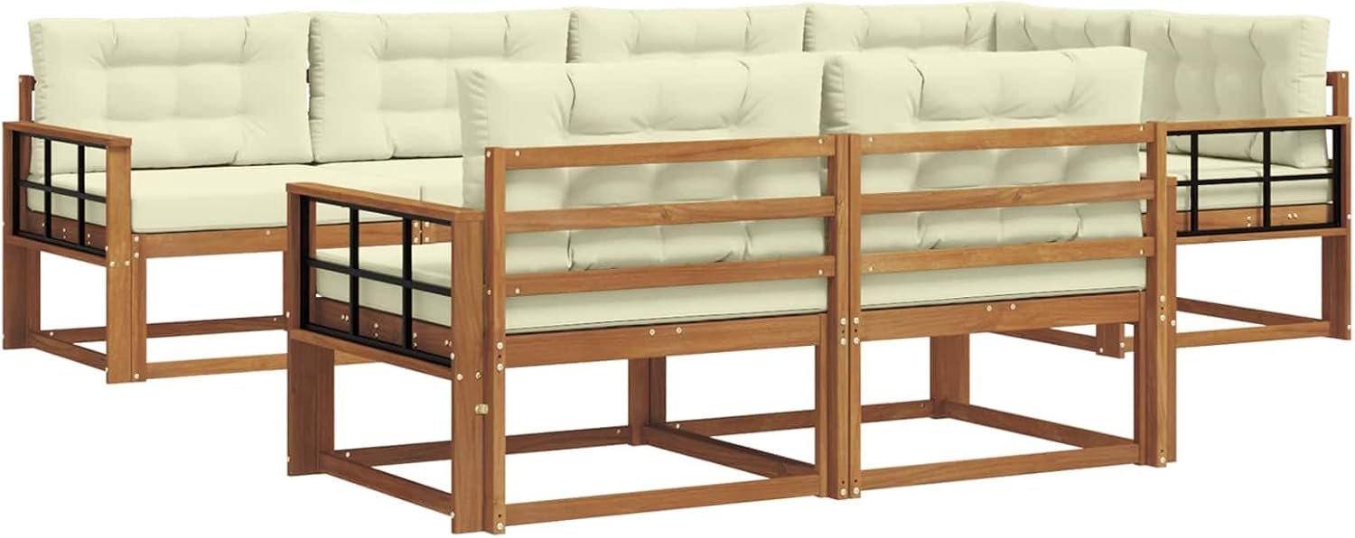 Outdoor-bankset van massief acaciahout met 7 kussens in naturel en crème, sectionele bank met armleuningen en rugleuning met latten voor tuin, terras of zwembad