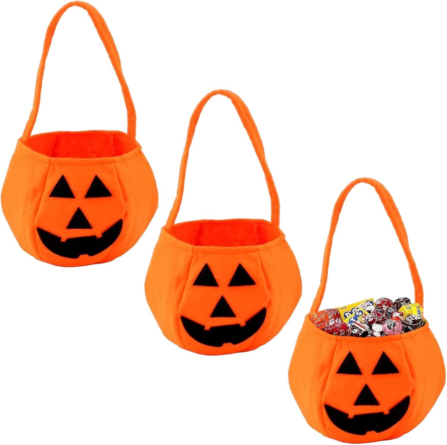 3 Halloween-pompoenzakjes voor snoep, traktaties voor kinderen, pompoenmand voor snoep en snoep, herbruikbare stoffen zakken voor themafeesten, 13 x 20 cm