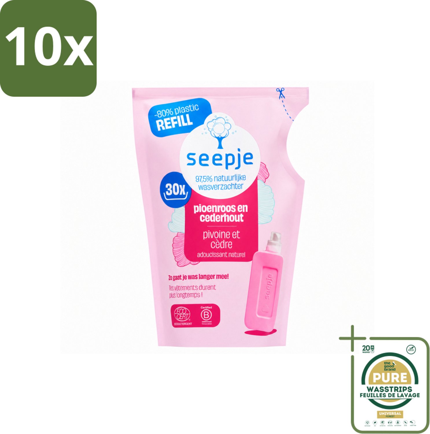 10 x Seepje - Wasverzachter - Duurzaam & Frisse Geur - Navulling - Pioenroos en Cederhout - 30 Wasbeurten - 750 ml - Wasstrips - Wasverzachter - Natuurlijke Wasverzachter - Pioenroos En Cederhout - Wasverzachter Navulling - Duurzaam Wasverzachter