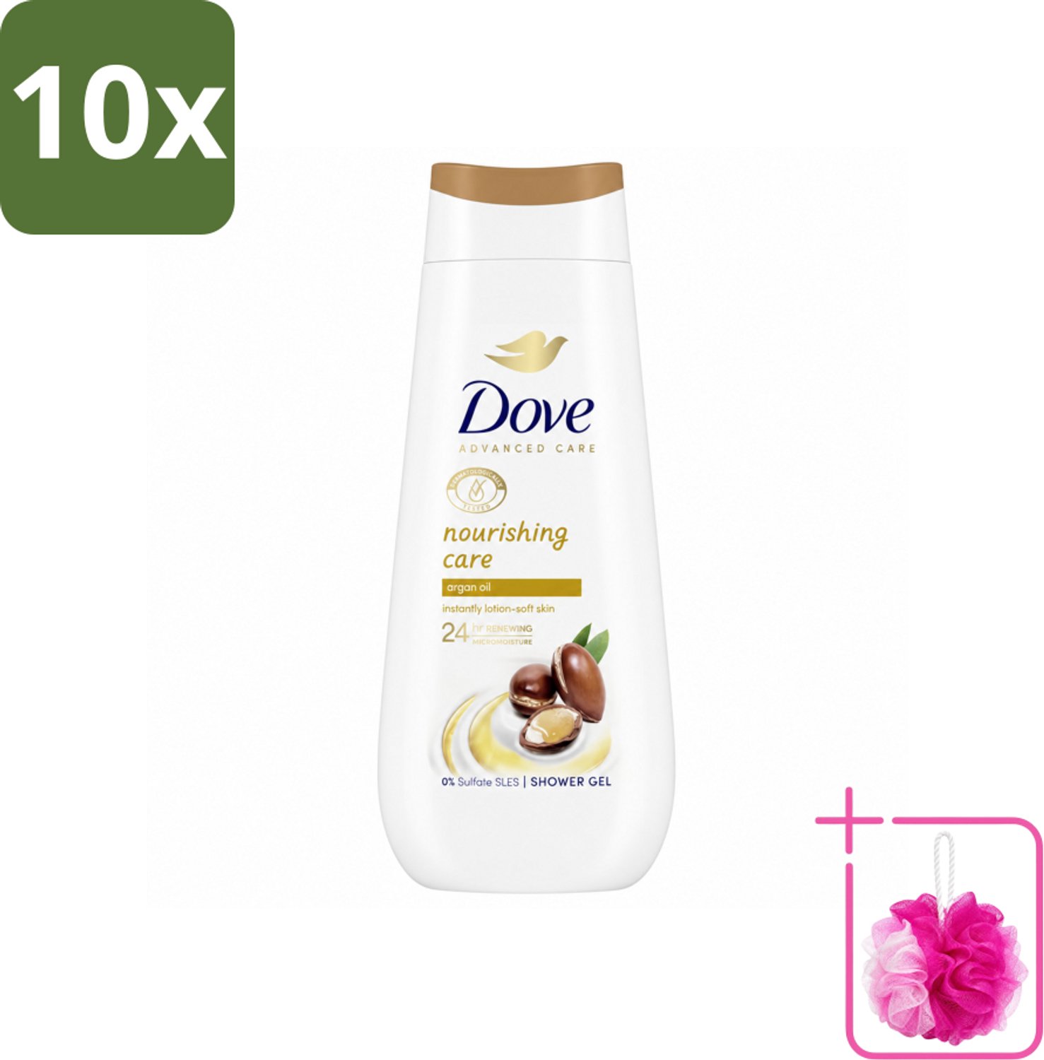 10 x Dove Douchecrème - Nourishing Care - Arganolie - 225 ml - Bulkverpakking - Douchegel - Douchemop - Voedende huid