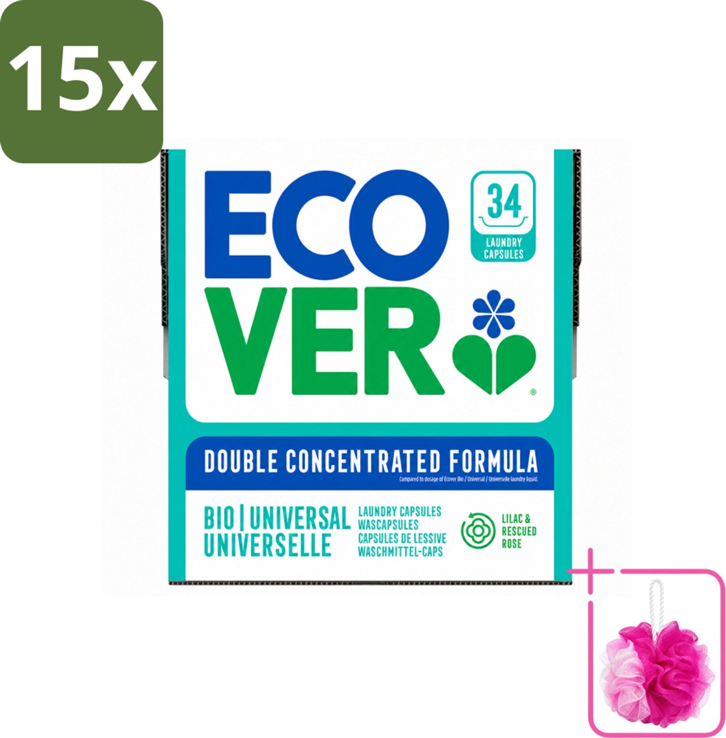 15 x Ecover - Waspods - Universeel - Geconcentreerde formule - 34 wasbeurten - Bulkverpakking - Wasbeurt - Douchemop - Wasmachine