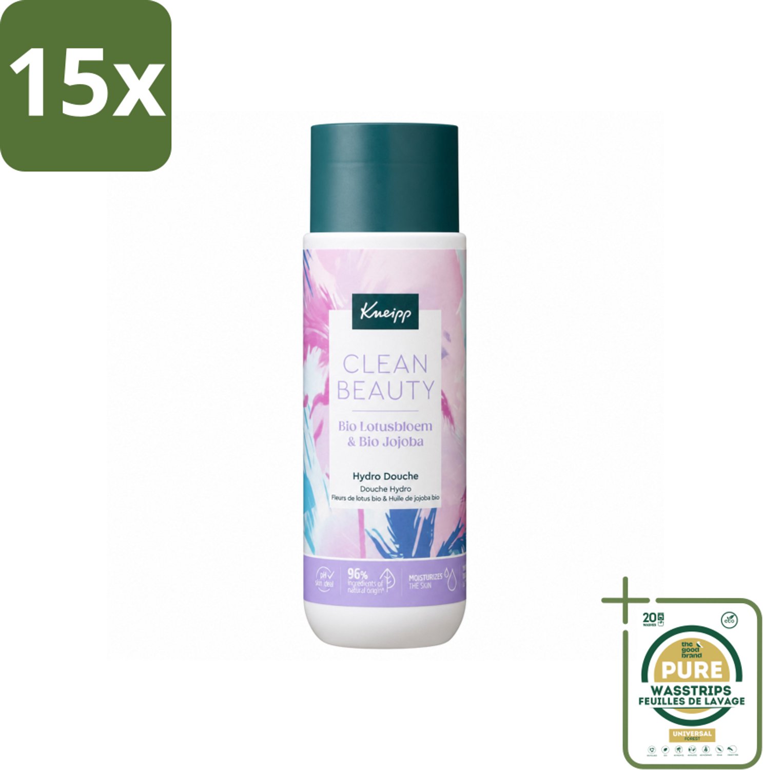 15 x Kneipp - Douchegel - Clean Beauty - Lotus & Jojoba - 200 ml - Wasstrips - Douchegel - Natuurlijke Douchegel - Bio Douchegel - Geur Van Lotus - Geur Van Jojoba