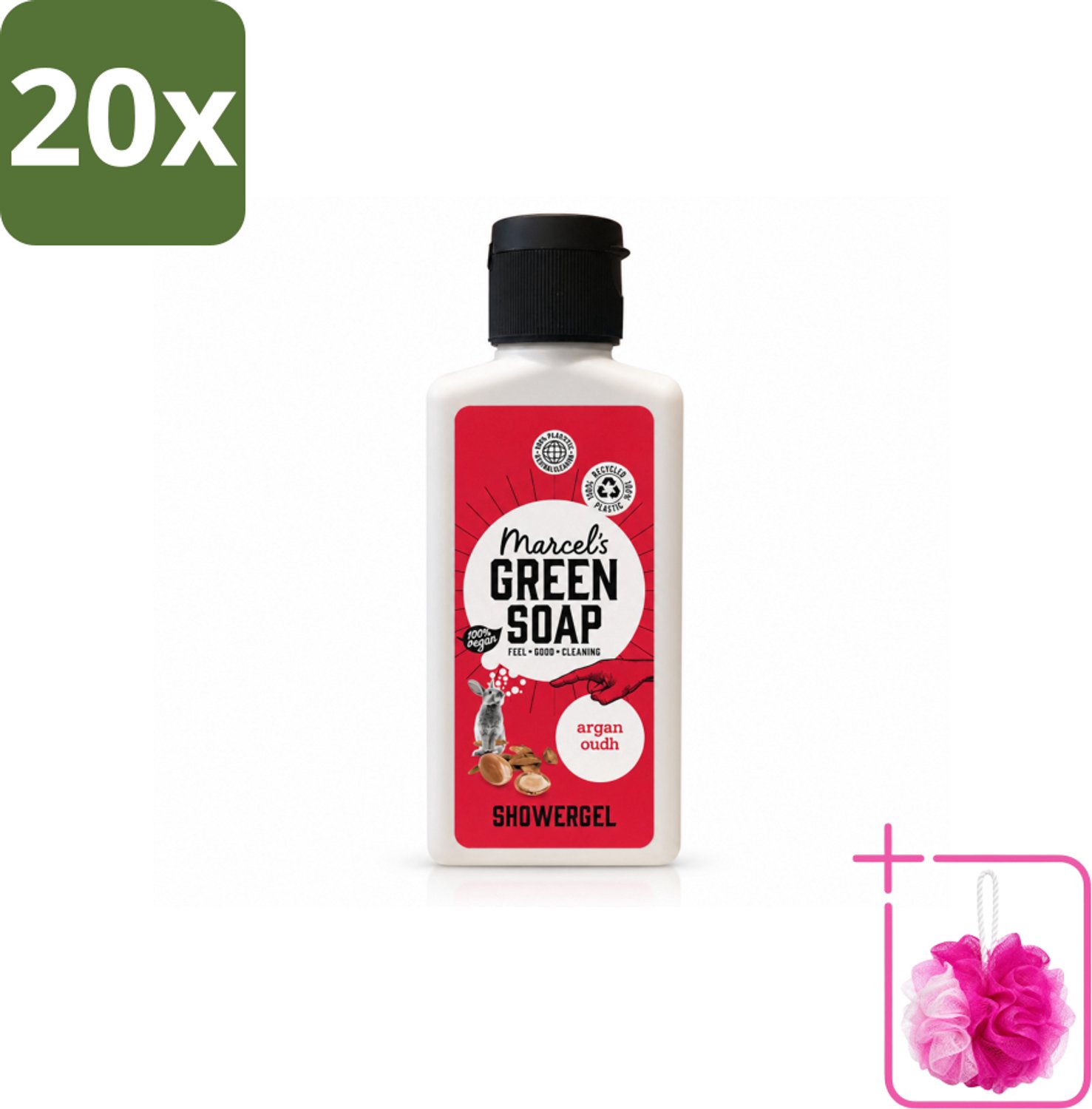 20 x Marcel's Green Soap - Douchegel - Argan & Oudh Mini - Krachtige werking - 100 ml - Bulkverpakking - Douchegel - Douchemop - Argan en oudh