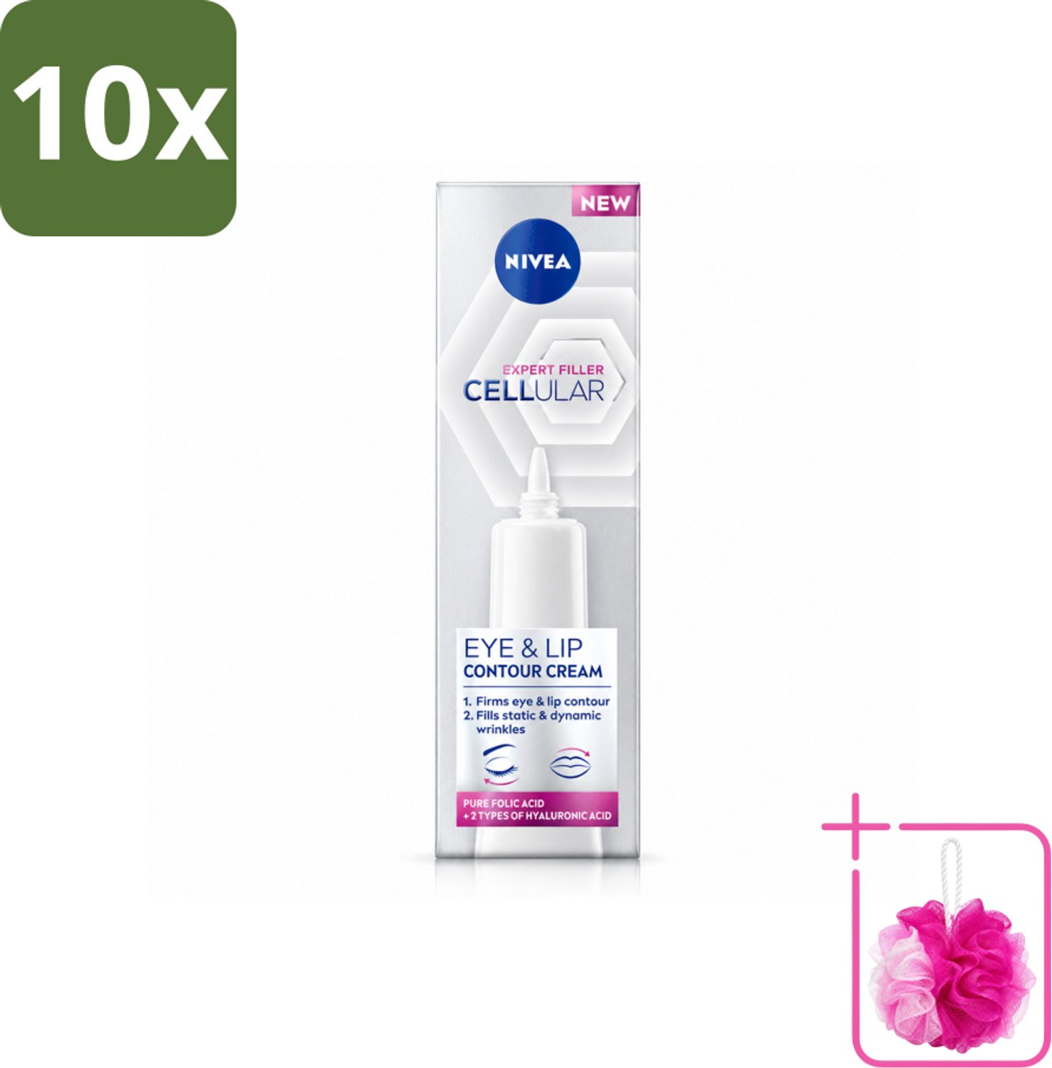 10 x NIVEA - Oogcrème - CELLular Expert Filler Anti-Veroudering - Voor ouder wordende huid - Met Hyaluronzuur & Puur Foliumzuur - 15 ml - Bulkverpakking - Anti-aging oogcrème - Douchemop - Oogcrème voor rijpe huid