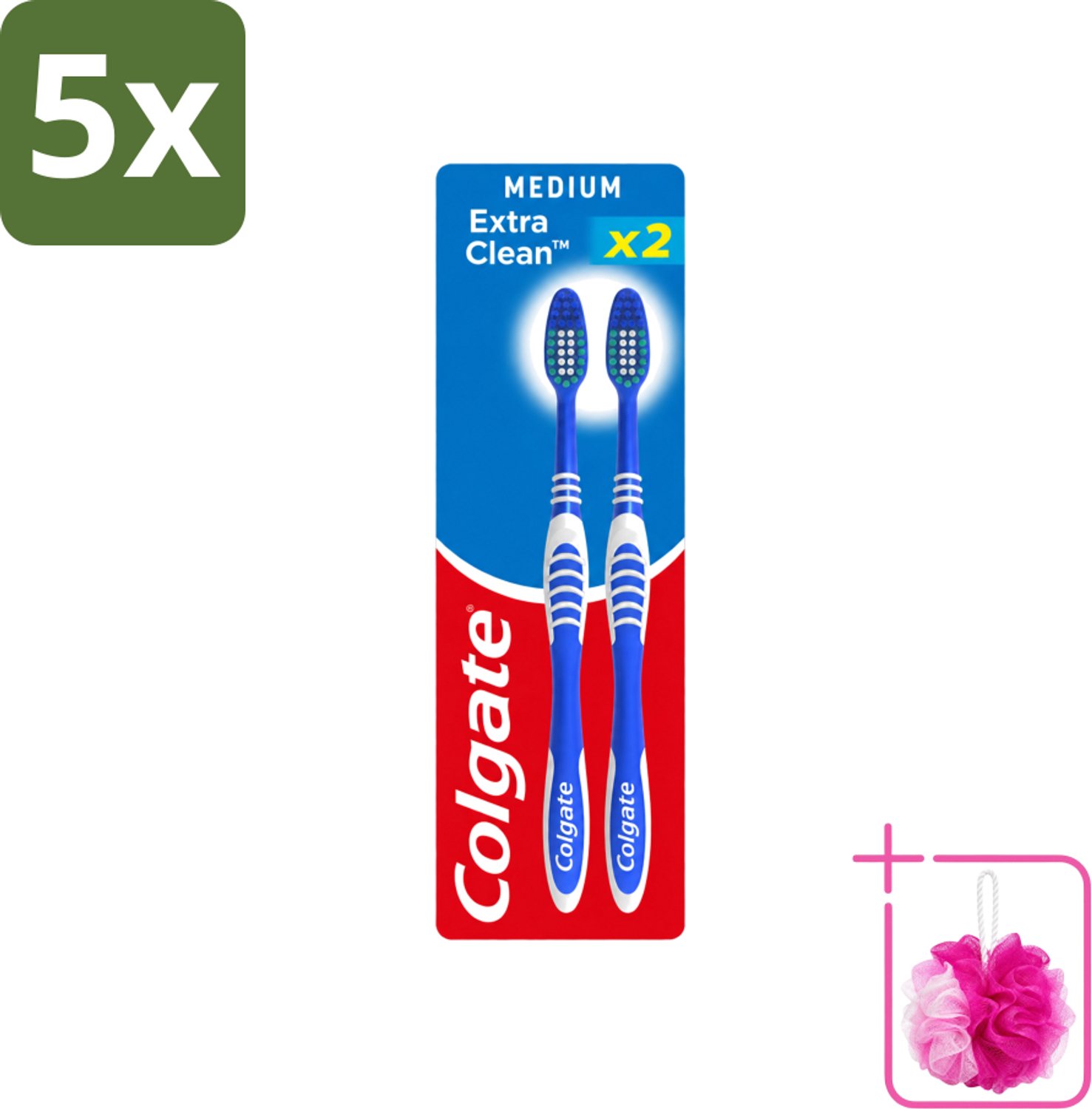 5 x Colgate - Tandenborstels - Extra Clean Duo - Medium - 2 borstels - Bulkverpakking - Tandenborstel - Douchemop - Mondhygiëne