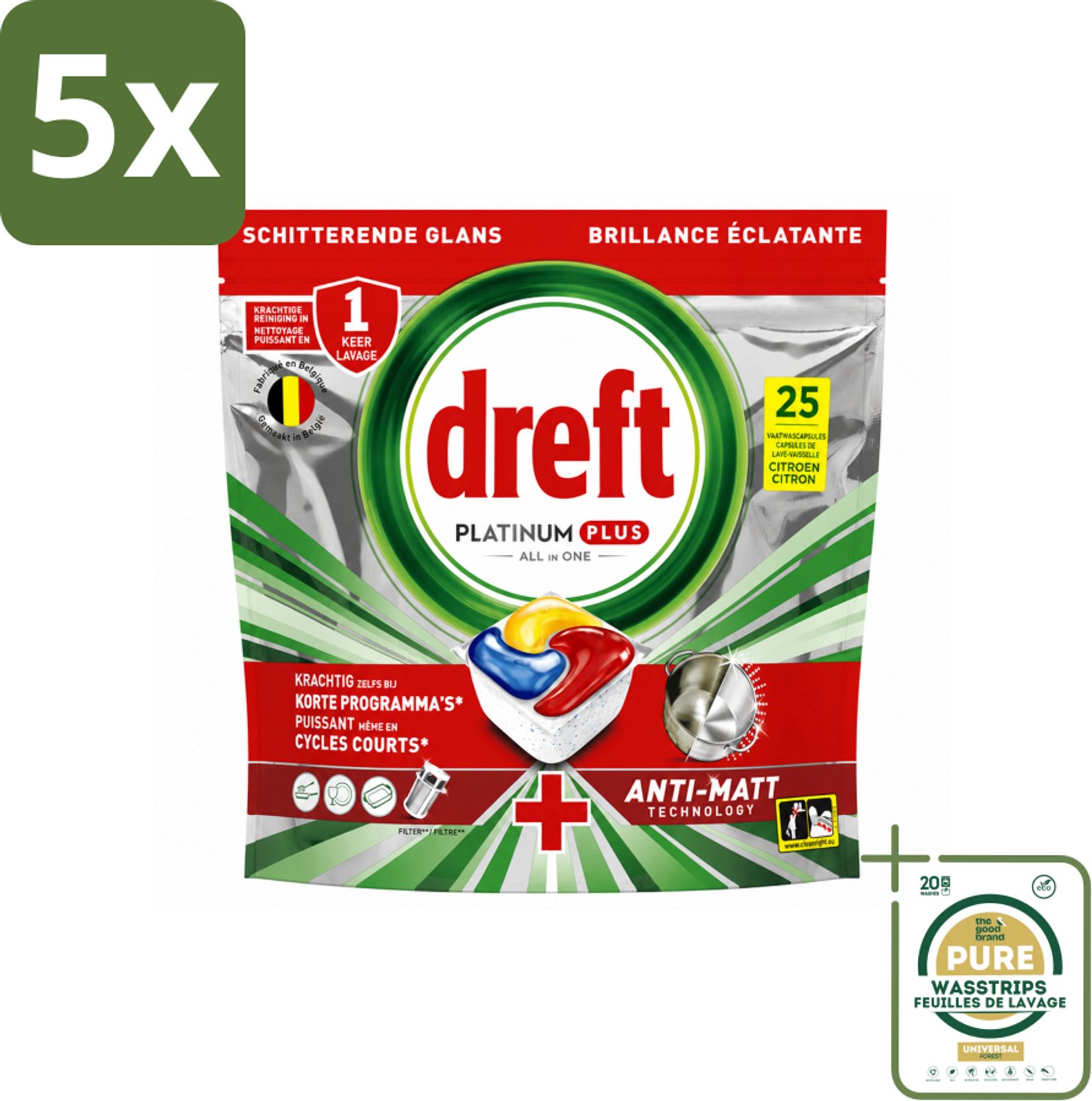 5 x Dreft - Vaatwastabletten - Platinum Plus All-in-One Citroen - Frisse geur - 25 Tabletten - Wasstrips - Vaatwasmiddel - Doffe Glans - Glans Herstellen - Vaatwasmachine - Vaatwastabletten