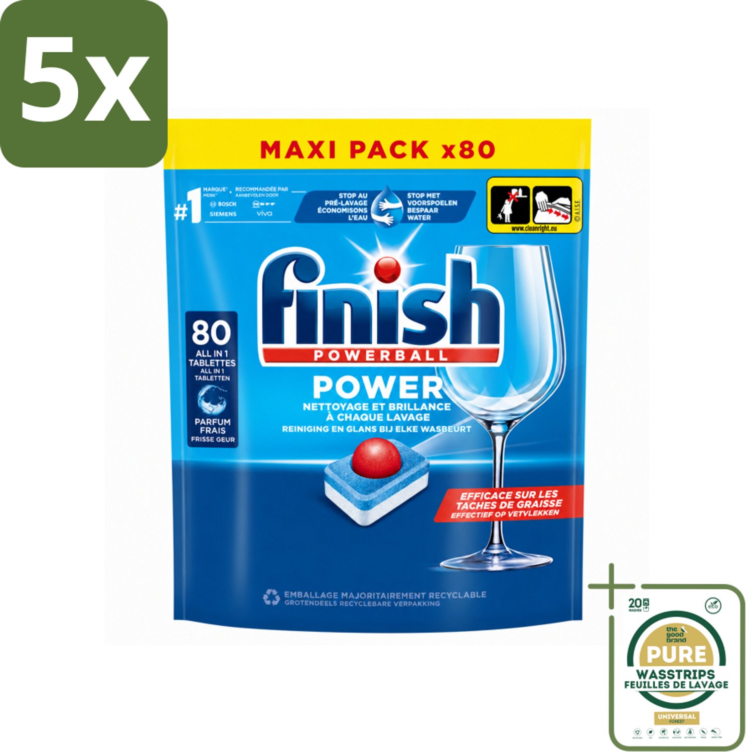 5 x Finish - Vaatwasmiddel - Power All in One Regular - Effectieve Alles-in-1 Reiniging - 80 capsules - Wasstrips - Vaatwasmiddel - Vaatwassen - Vaatwas - Vaatwas Tablet - Vaatwas Oplossing
