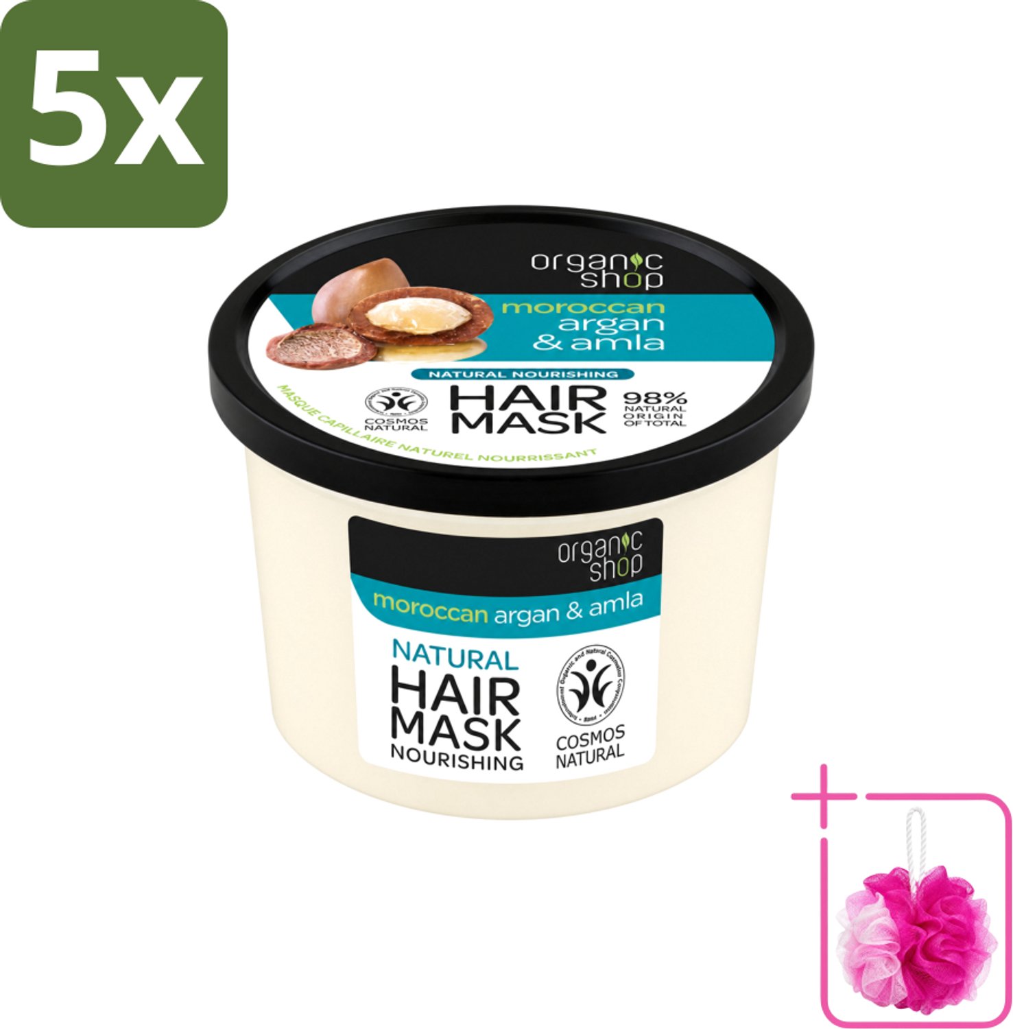 5 x Organic Shop - Haarmasker Argan & Amla - Herstellend en Verzorgend - 250 ml - Bulkverpakking - Haarmasker - Douchemop - Herstel haar