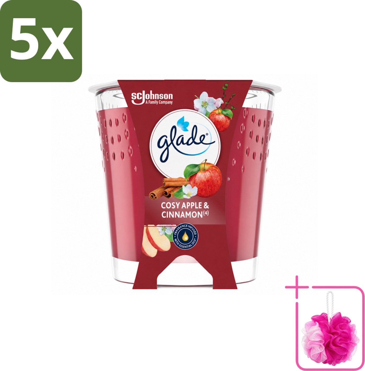 5 x Glade - Geurkaars Cosy Appel Kaneel - 100% Raapzaadwas & Vegan - 112 g - Bulkverpakking - Geurkaars - Douchemop - Vegan