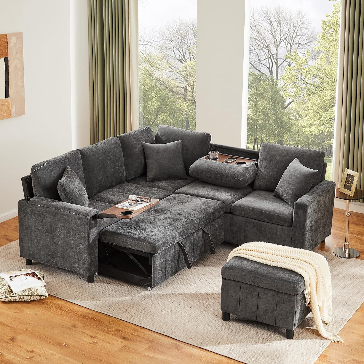 Hoekbank met slaapfunctie, 205 x 205 cm, 4-zits chenille-bank met USB en Type-C, bedfunctie met opbergruimte, kruk en tafel met bekerhouder, grijs (grijs + chenille, 4-zits)