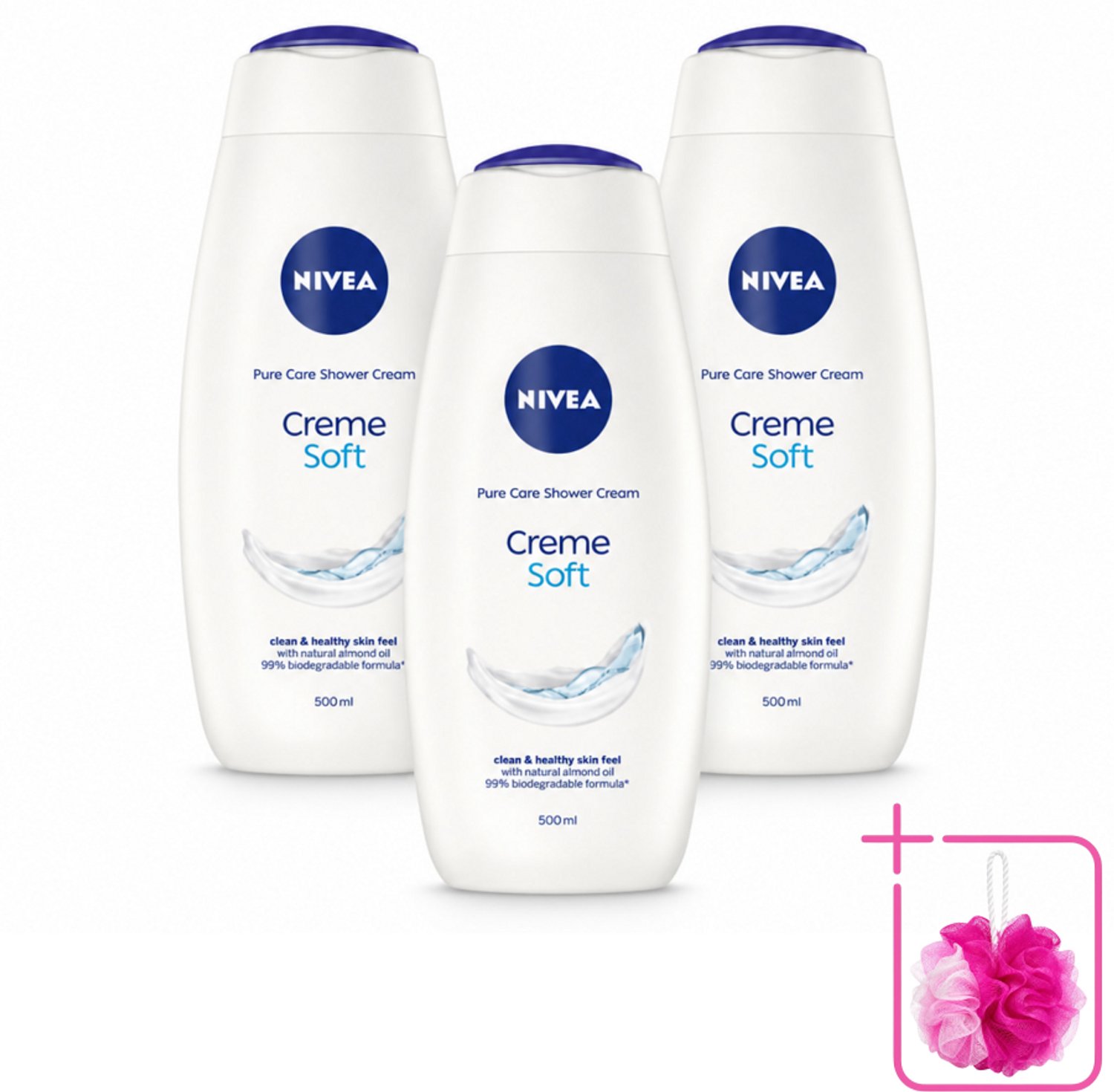 3 x NIVEA - Douchecrème - Zacht - Huidbeschermend - Amandelolie - 500 ml - Bulkverpakking - Douchecrème - Douchemop - Huid verzorgen