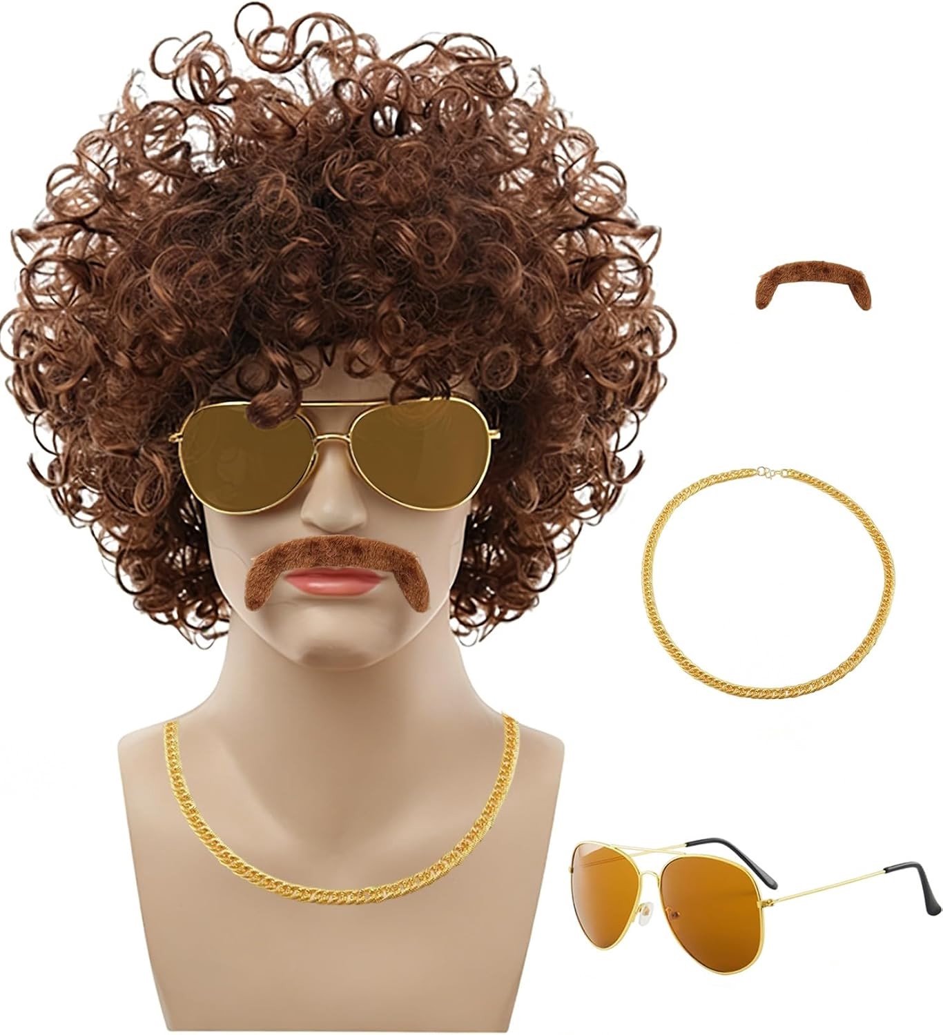 80s Wiggenset voor Mannen met Snor, Zonnebril en Gouden Ketting voor Carnaval en Themafeesten