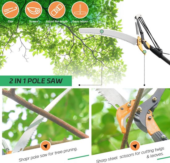 Takkenzaag Telescopisch - 2-in-1 Snoeischaar - Uitschuifbare Handgreep - Scherp Stalen Lemmet - Voor Hoge Takken - Ideaal voor Bomen - Boomsnoeischaar — afbeelding 5
