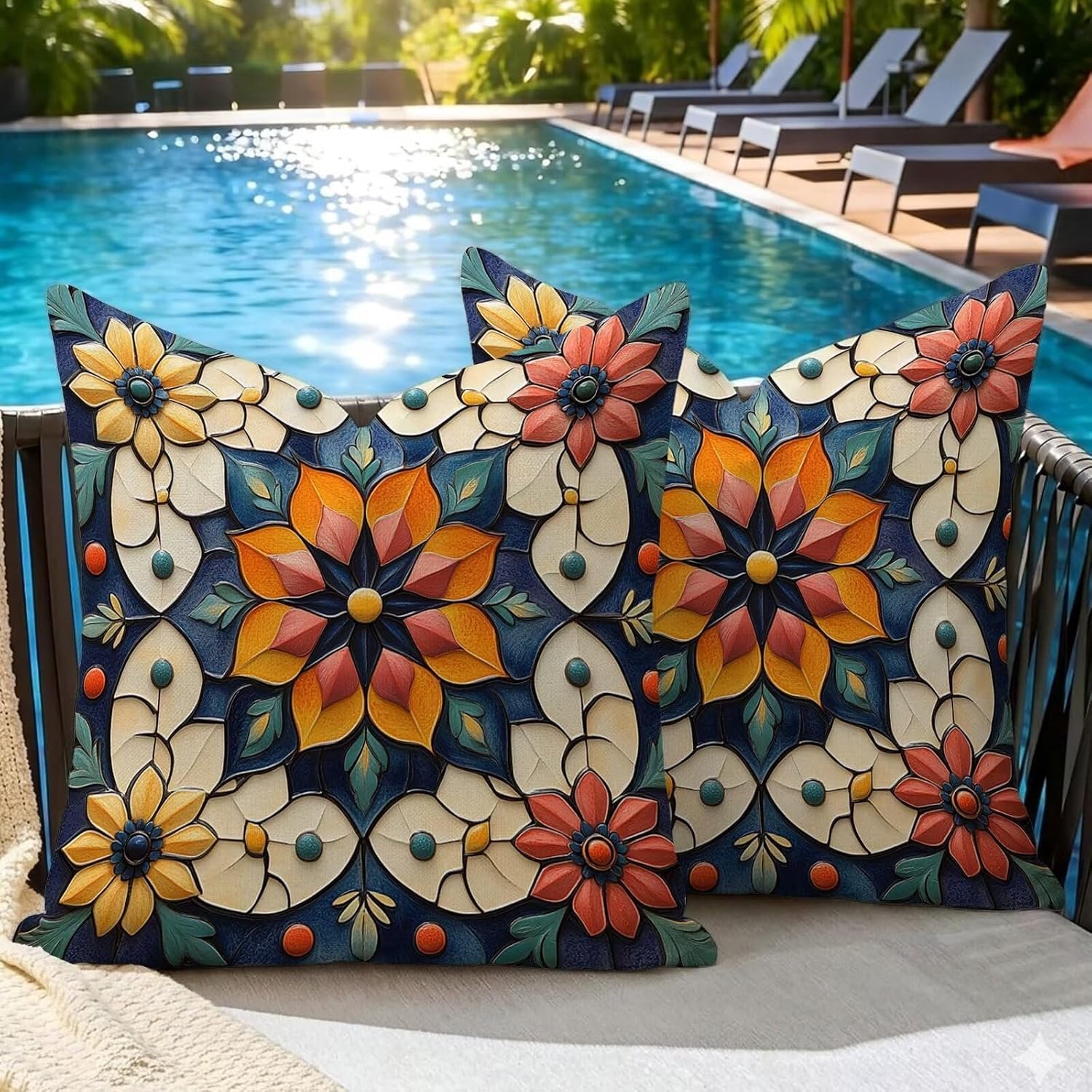 Set van 2 outdoor kussenslopen, 35 x 35 cm, weerbestendig, blauw, herfstmotief, tuinkussen, zomer, modern sierkussen, dubbelzijdige print, bankkussen voor balkon, lounge, terras, woonkamer, decoratie