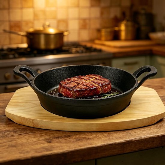 Gietijzeren serveerpan, set van 2, gietijzeren pan zonder coating met houten onderzetter en dubbele handgrepen, geschikt voor oven, inductie, gasfornuis, bijgerechten en ovengerechten — afbeelding 3