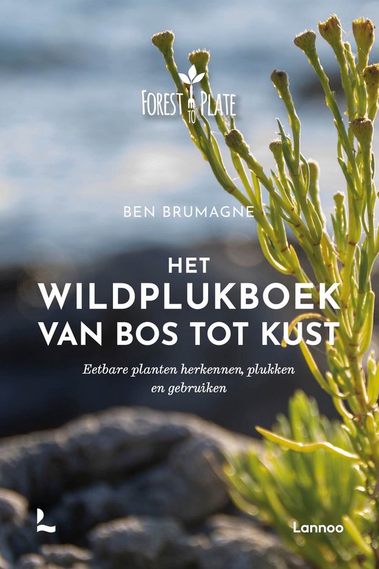 Boekomslag 'Het Wildplukboek van bos tot kust' met foto van een groene plant bij zee, tekst van Ben Brumagne.