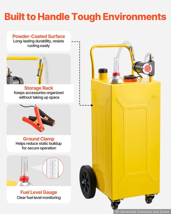 Mobiele dieseltank - Brandstoftrolley - 113,6 liter - 12V elektrische pomp - Max. 32 l/min - 4 wielen - Oliepeilindicator - Koolstofstaal, geel — afbeelding 5
