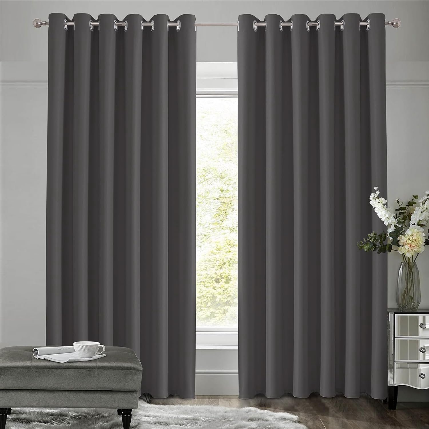 Set van 2, H 229 x B 229 cm, modern thermogordijn, koudebescherming met ringen, verduisterende slaapkamer, ondoorzichtige gordijnen, donkergrijs