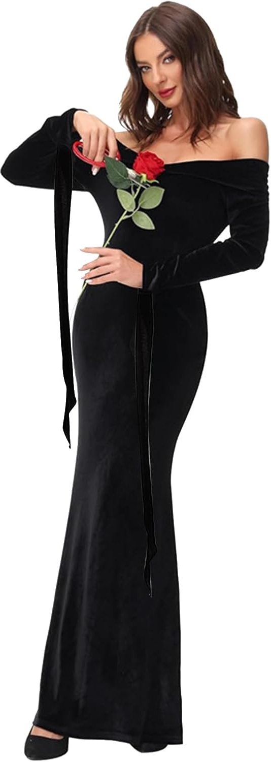 Damesjurk, schoudervrij, vintage, Halloween-kostuum, sexy heksenjurk, enkellang, zwarte cocktailjurk voor Halloween-feest en cosplay