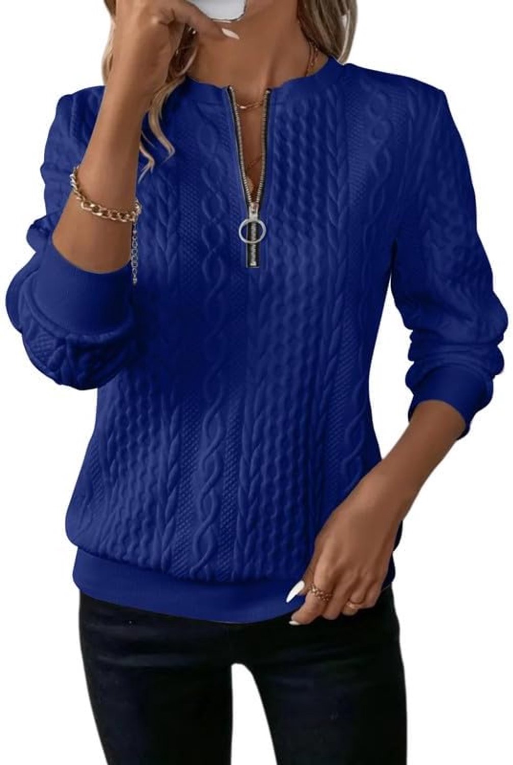 Sweatshirt dames zonder capuchon halve ritssluiting V-hals lange mouwen gebreide trui vlechtpatroon elegante pullover casual hemd mode sweatshirts effen basic top herfst winter
