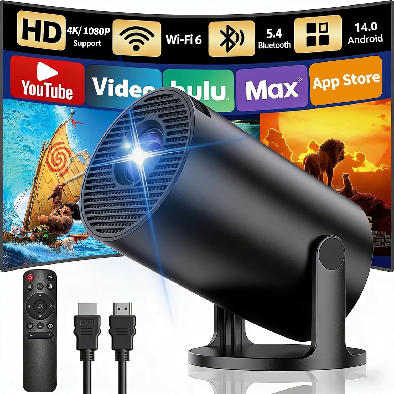 Beamer, Draagbare Projector met Wi-Fi 6 en Bluetooth 5.4, Automatische Keystone, Draadloos Schermspiegelen(Android en iOS), Compatibel met Smartphones/HDMI, Zwart