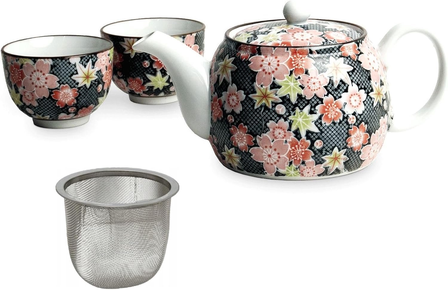 Theeset YUZEN kan ca. 550 ml Twee theekommen ca. 150 ml Aritayaki porselein geschenkdoos roestvrij staal filter esdoorn kersenbloesem motieven Momiji Sakura Kanoko