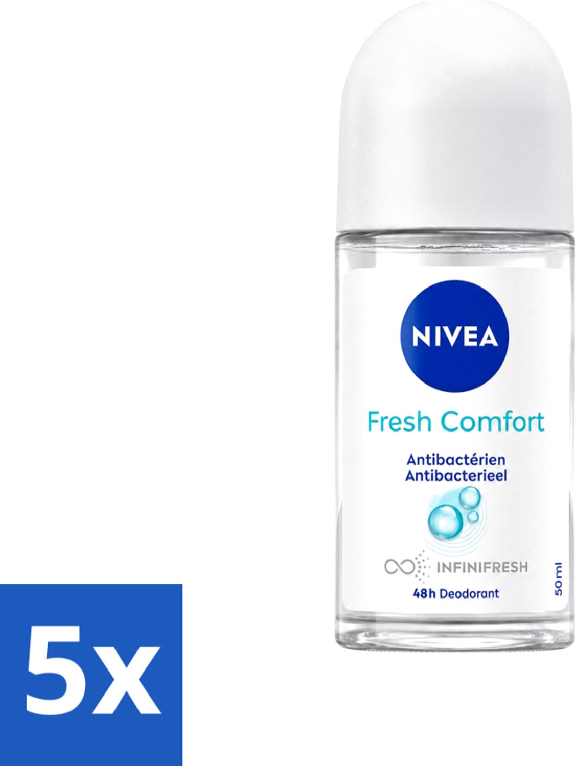5 x NIVEA - Deodorant Roller - Frisse Comfort - Antibacterieel - 50 ml - Voordeelverpakking - 5 stuks