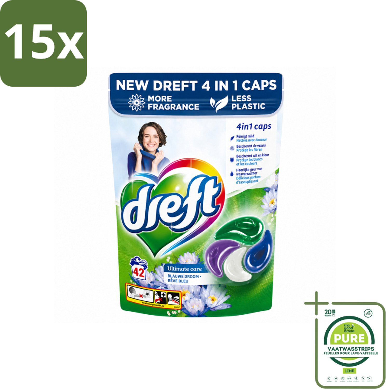 15 x Dreft - Wasmiddelcapsules - 4-in-1 Blue Dream - Krachtige waskracht - 42 Wasbeurten - Grootverpakking - Vaatwasstrips - Wasmiddel - Wasmachine - Wascapsules - Frisheid - Kleurbescherming