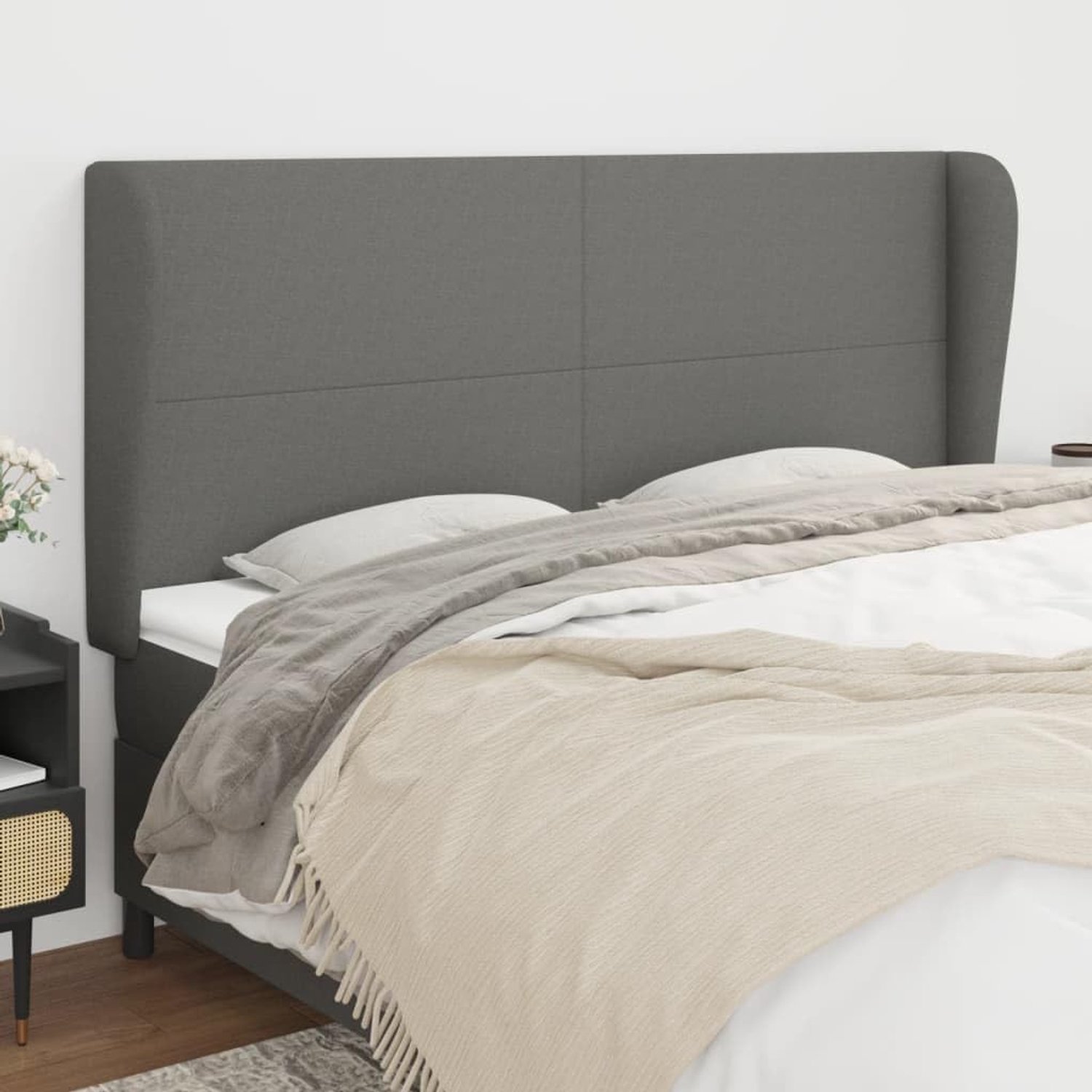 Hoofdbord met oren, donkergrijs, 183 x 23 x 118/128 cm, stof, bedhoofdsteun, in hoogte verstelbaar, duurzame stof, robuuste houten poten, ademend, duurzaam, klassiek design