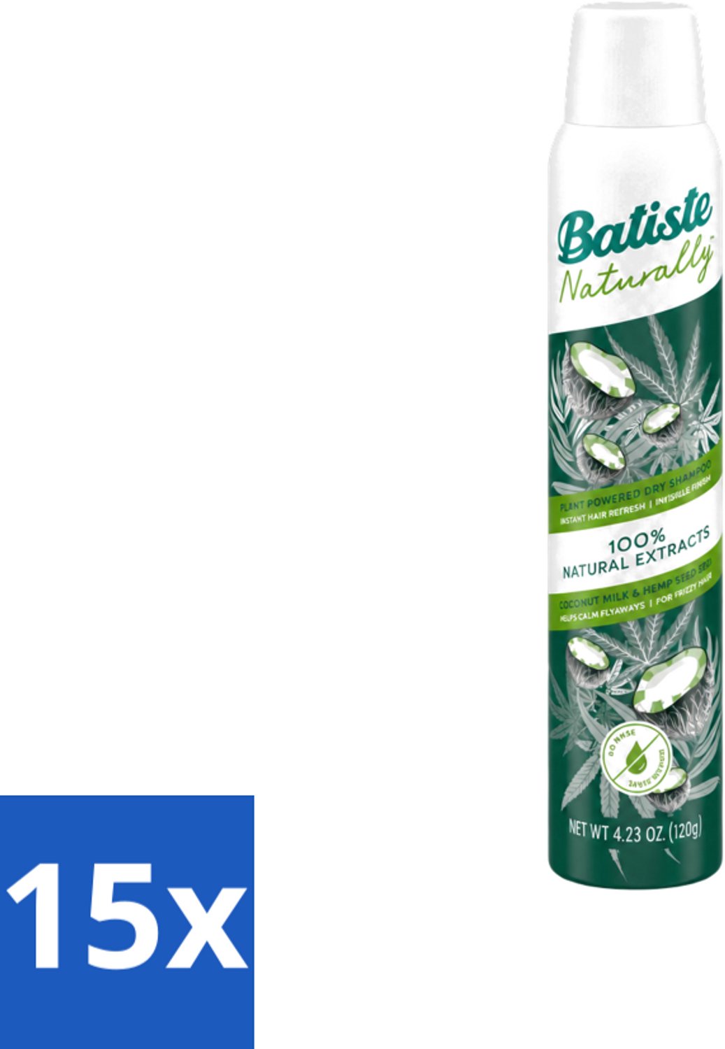 15 x Batiste - Naturally Coconut Milk & Hemp Seed Oil - Droogshampoo - Anti-Pluis en Verfrist - 100% Natuurlijk - 200ml - Voordeelverpakking - 15 stuks