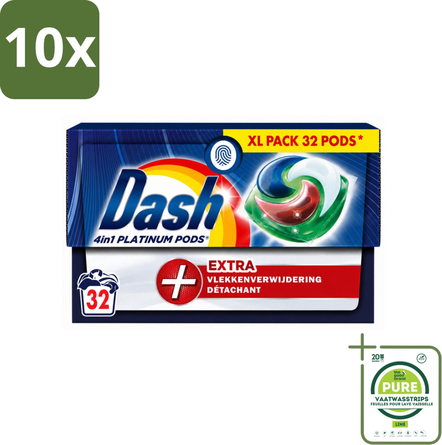 10 x Dash - 4in1 Pods +Extra Vlekkenverwijderaar - Wasmiddelcapsules - Intensieve Reiniging - 32 Wasbeurten - Grootverpakking - Vaatwasstrips - Wasmiddel - Wasbeurt - Vlekkenverwijderaar - Waskracht - Kleurverzorging