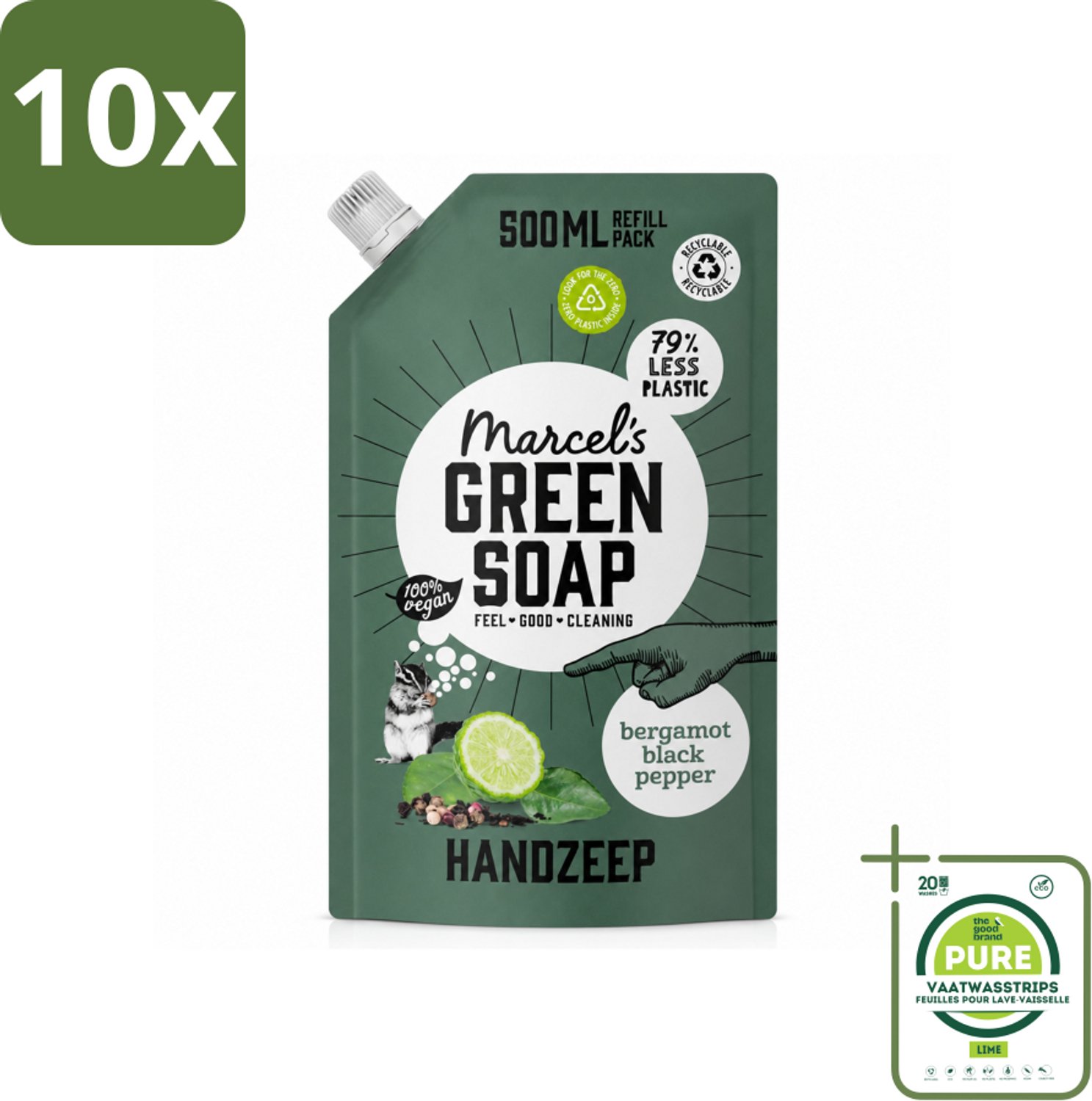 10 x Marcel's Green Soap - Handzeep - Bergamot & Black Pepper - Natuurlijke verzorging - 500 ml - Grootverpakking - Vaatwasstrips - Handzeep Navulling - Biologisch Afbreekbaar - Plantaardige Glycerine - Bergamot En Zwarte Peper - Duurzaamheid