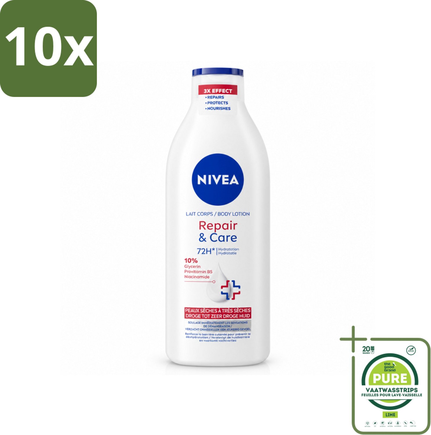 10 x Nivea - Repair & Care Bodylotion - 72 uur Hydratatie - Voor Zeer Droge Huid - 400 ml - Grootverpakking - Vaatwasstrips - Hydratatie - Droge Huid - Huidverzorging - Huidbarrière - Jeuk