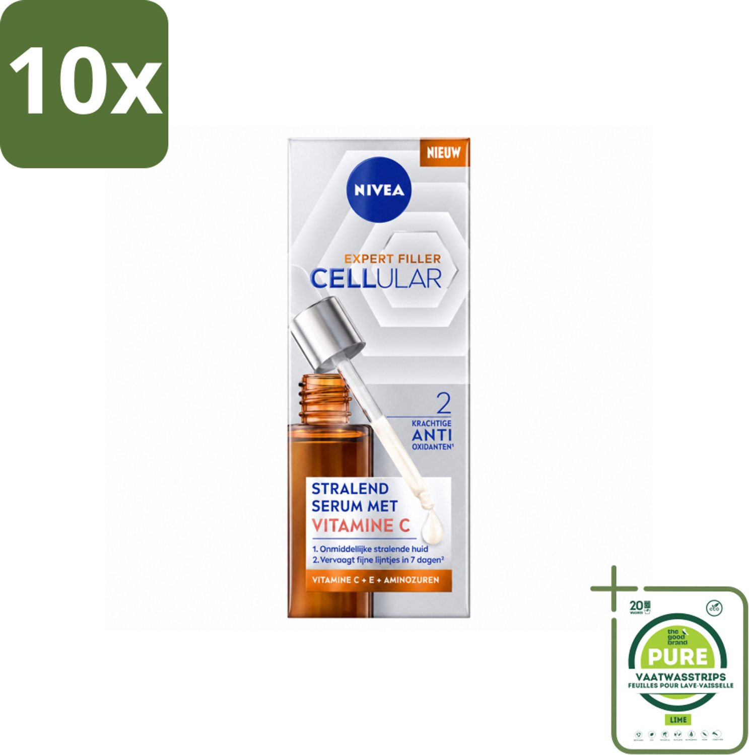 10 x Nivea - Cellular - Expert Filler Vitamine C Serum - Voor Stralende Huid - 30 ml - Grootverpakking - Vaatwasstrips - Huidverzorging - Anti-aging Serum - Vitamine C Serum - Stralende Huid - Fijne Lijntjes Verminderen