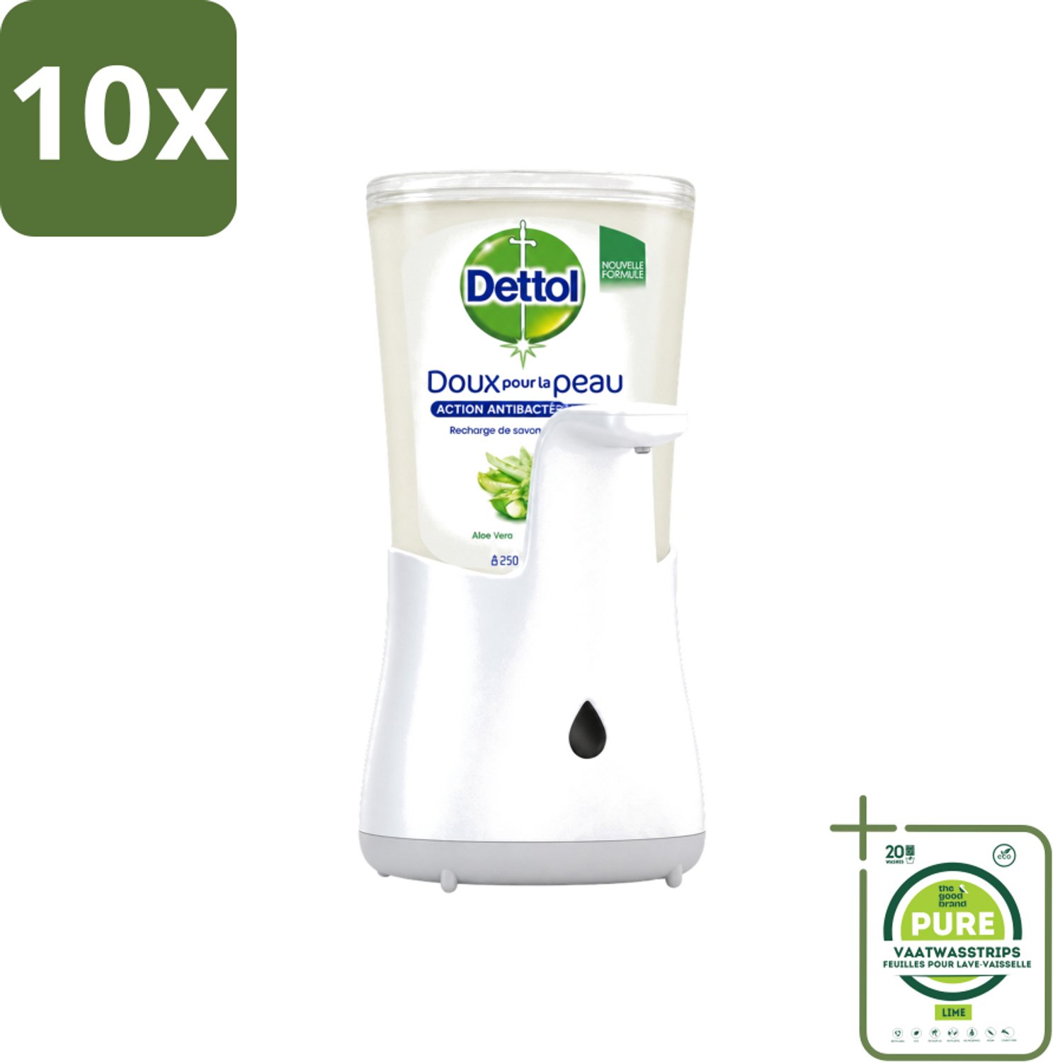 10 x Dettol - Automatische Zeepdispenser - No-Touch Zilver met Aloe Vera - 250 ml - Grootverpakking - Vaatwasstrips - Contactloze Zeepdispenser - Hygiëne - Handen Wassen - Antibacteriële Zeep - Aloë Vera
