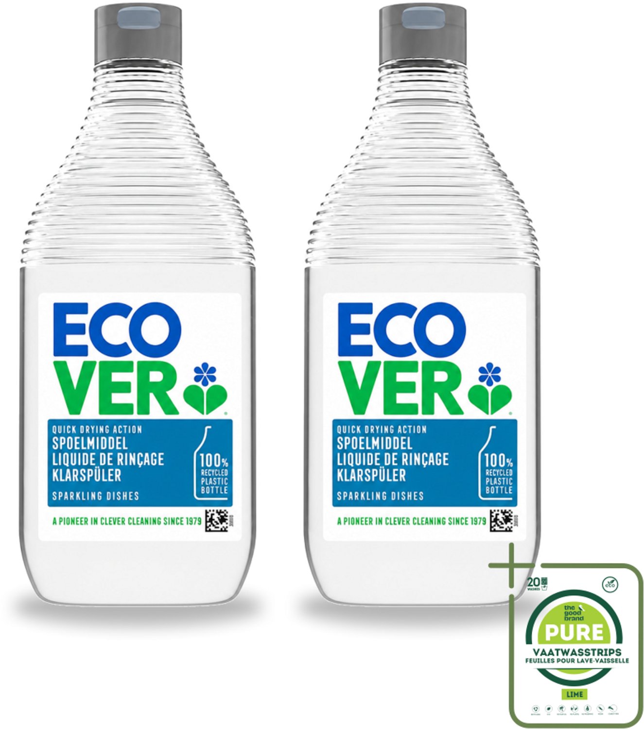 2 x Ecover - Spoelmiddel - 450 ml - Grootverpakking - Vaatwasstrips - Spoelmiddel - Vaatwas - Glanzende Vaat - Streepvrij - Kalkaanslag