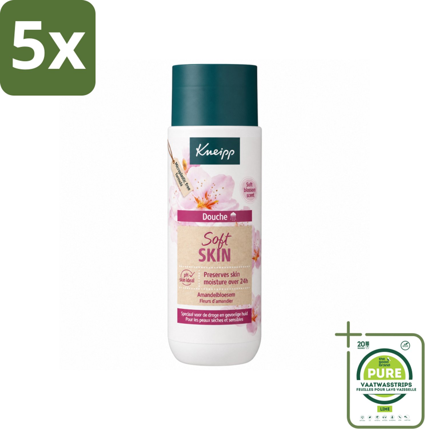 5 x Kneipp - Douchegel - Soft Skin - Amandelbloesem - 200 ml - Grootverpakking - Vaatwasstrips - Droge Huid - Gevoelige Huid - Douchegel - Amandelolie - Sheabutter