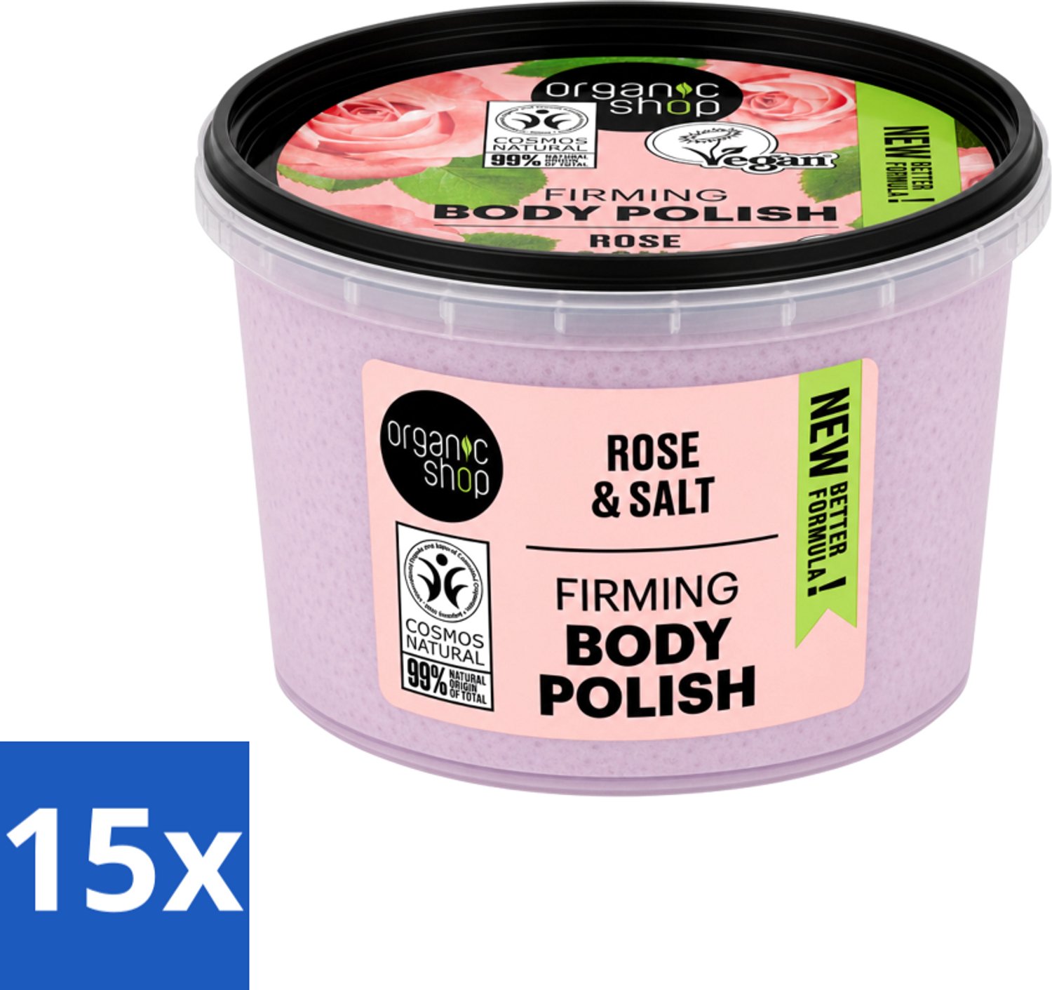 15 x Organic Shop - Body Scrub Rose - Hydraterend en Verzorgend - 250 ml - Voordeelverpakking - 15 stuks