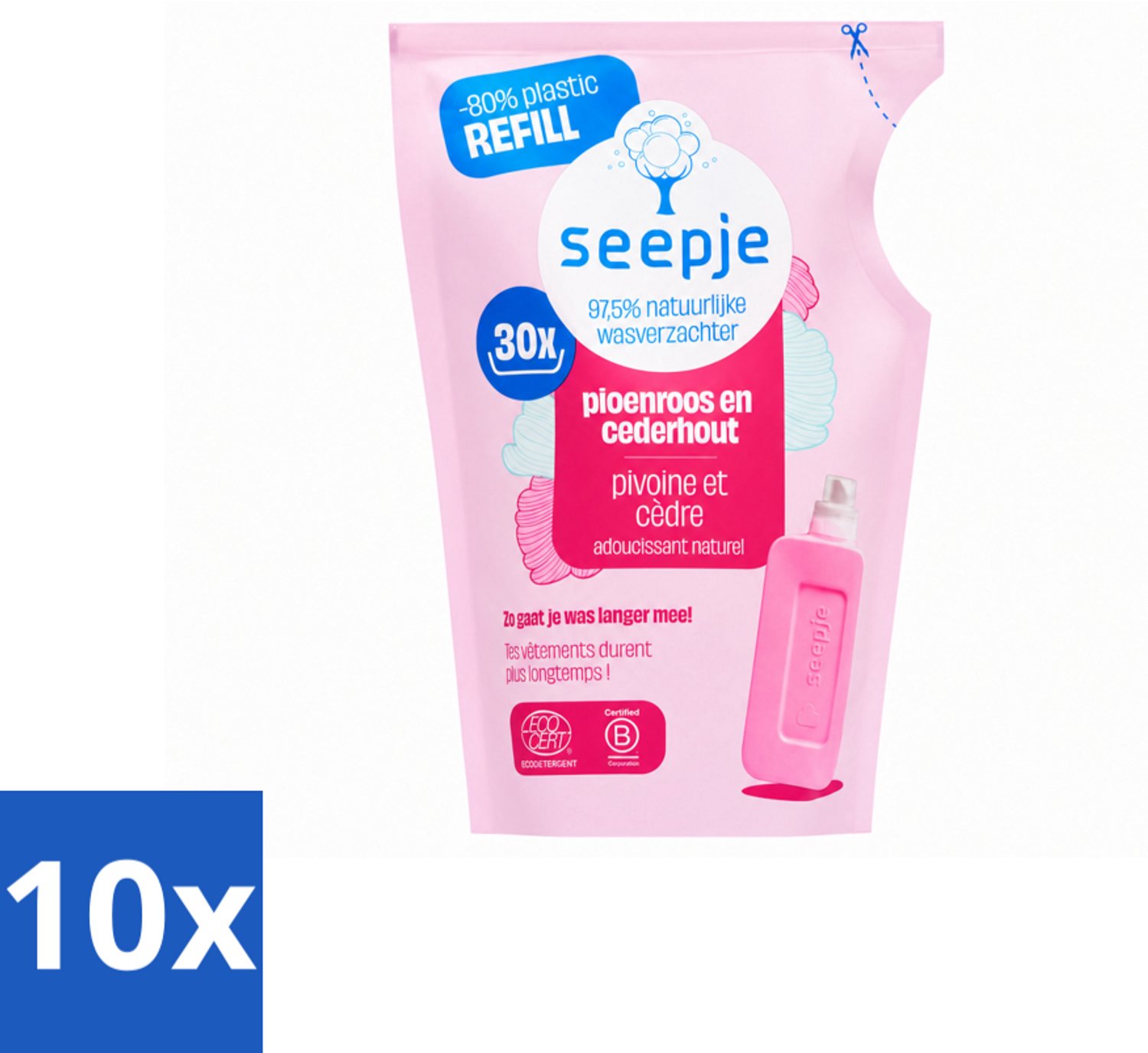 10 x Seepje - Wasverzachter - Duurzaam & Frisse Geur - Navulling - Pioenroos en Cederhout - 30 Wasbeurten - 750 ml - Voordeelverpakking - 10 stuks