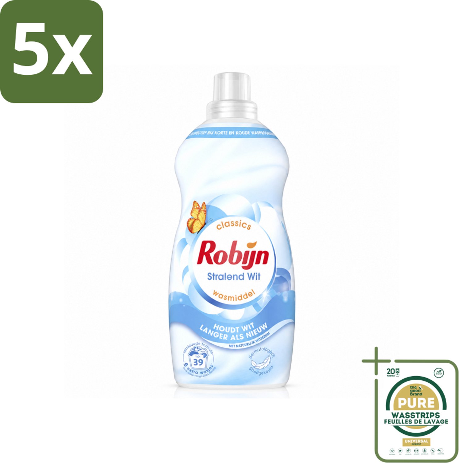 5 x Robijn – Vloeibaar Wasmiddel – Klein & Krachtig Stralend Wit – 1,19 L - Wasstrips - Wit Wasmiddel - Wit En Licht Was - Koud Wasmiddel - Korte Wasbeurten - Wasmiddel Voor Wit