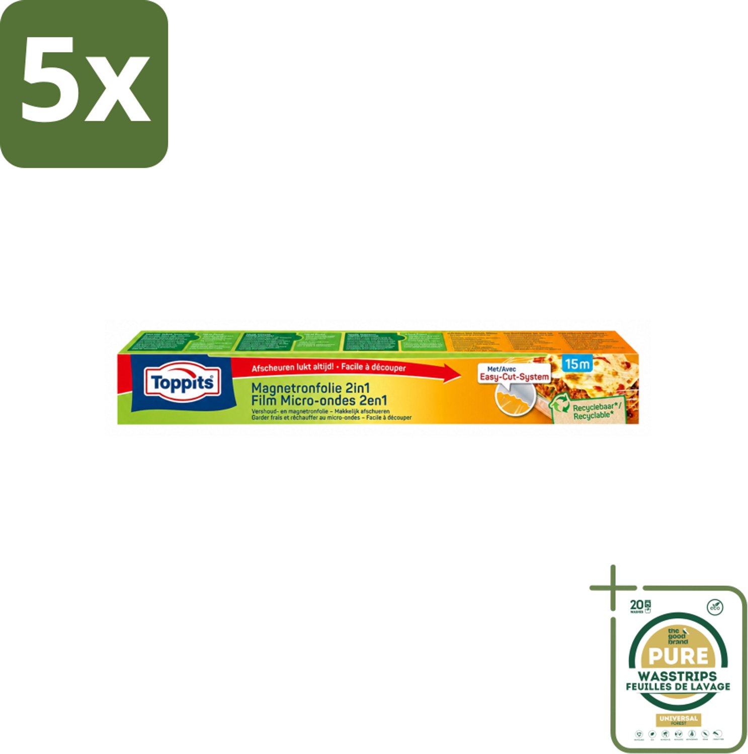 5 x Toppits – Magnetronfolie 2-in-1 – 15 m - Wasstrips - Magnetronfolie - Bewaren - Opwarmen - Magnetron - Stoomafgifte