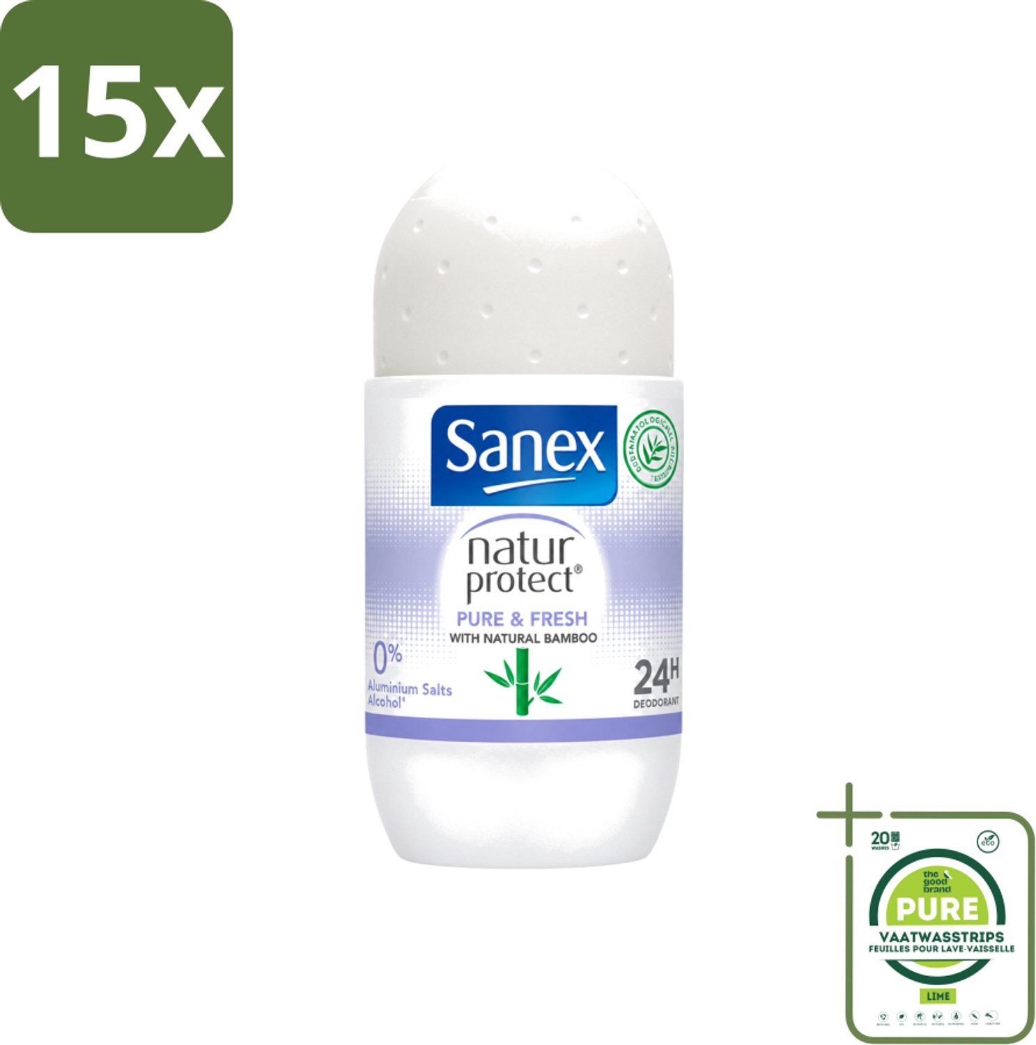 15 x Sanex Natur Protect - Deodorant Roller - Puur & Fris - Met Nattuurlijke Bamboo - 50 ml - Grootverpakking - Vaatwasstrips - Natuurlijke Deodorant - Bamboe Deodorant - Fris Gevoel - Vochtabsorberend - Aluminiumvrij
