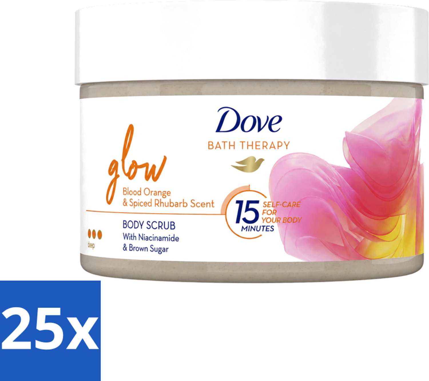 25 x Dove Bath Therapy Glow - Bodyscrub - Bloedsinaasappel & Rabarber - 295 ml - Voordeelverpakking - 25 stuks