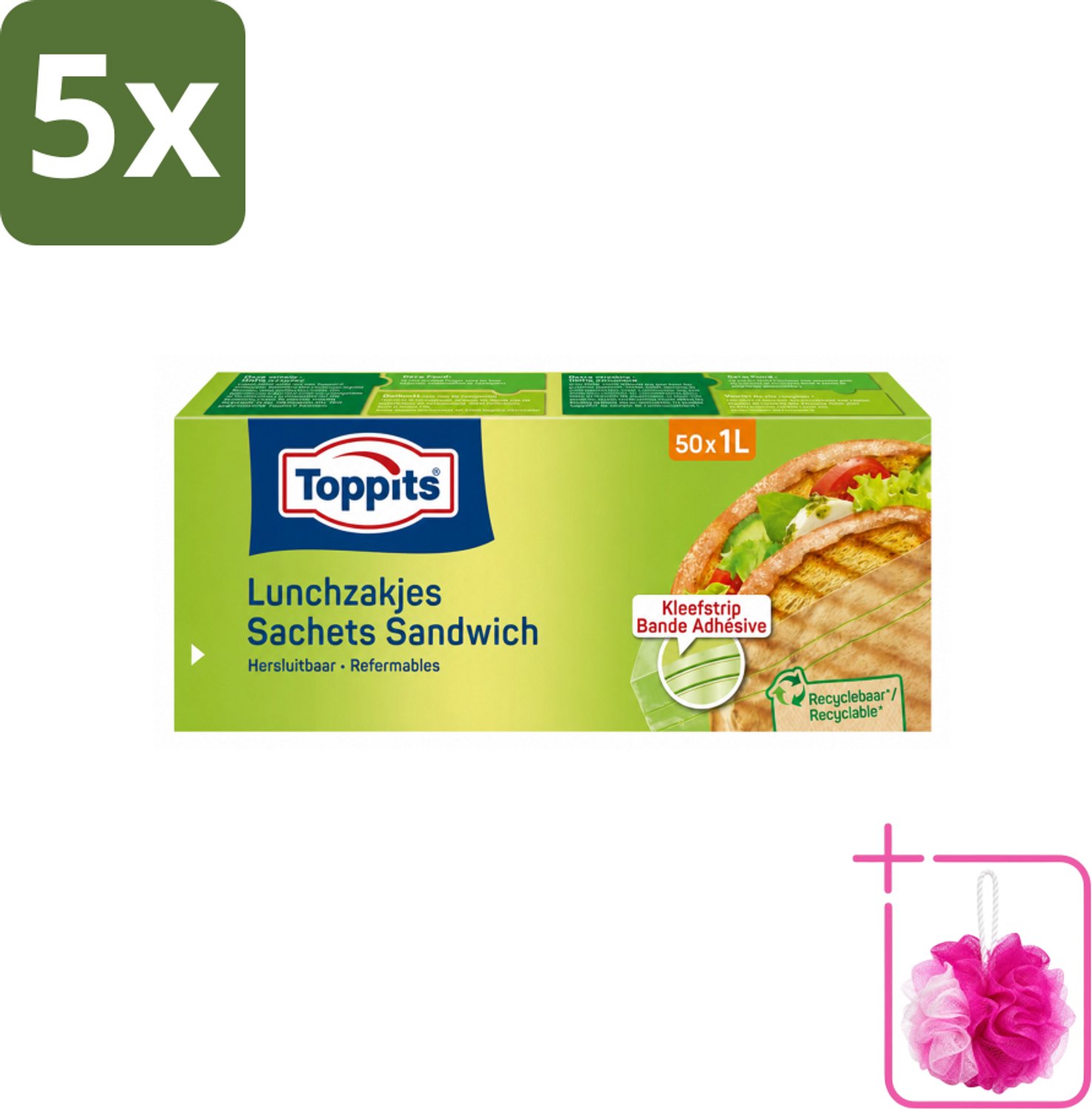 5 x Toppits – Lunchzakjes – Hersluitbaar – 1 Liter – 50 Zakjes - Bulkverpakking - Sandwichzakjes - Douchemop - Lunchzakjes