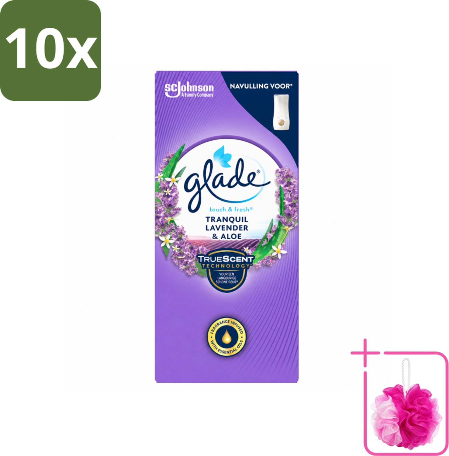 10 x Glade – Touch & Fresh Navulling – Tranquil Lavender & Aloe – 10 ml - Bulkverpakking - Lavendel en aloë luchtverfrisser - Douchemop - Compacte geurboost